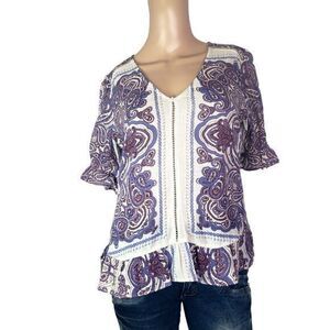 Lucky Brand Women's Printed Short Sleeve Ruffle V Neck Blouse‎